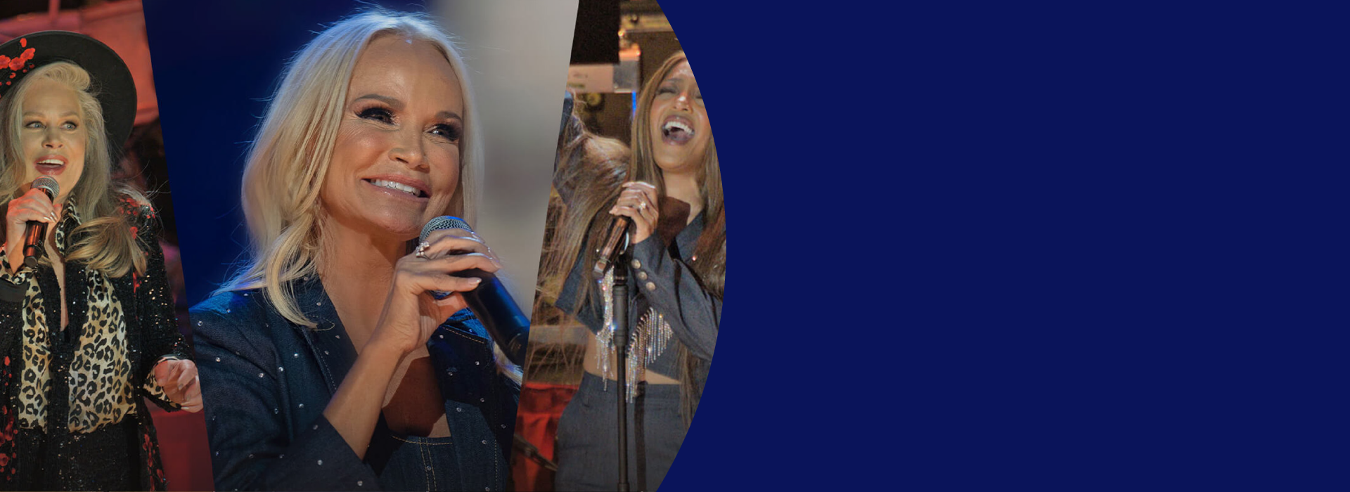 Three women singing into microphones on stage.