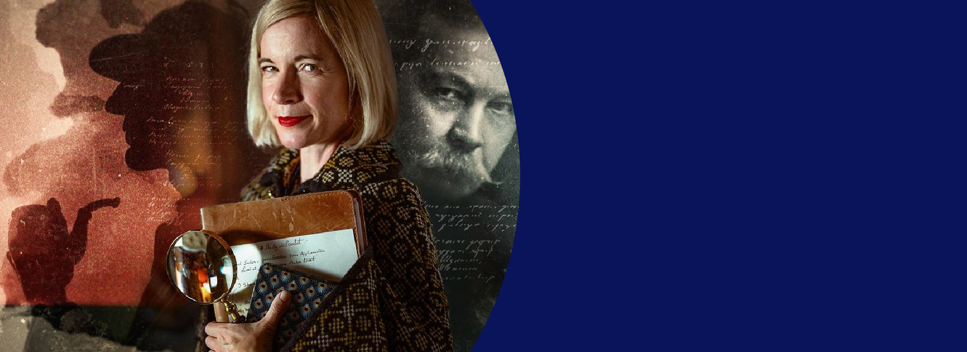 Portrait of a woman with short blond hair holding a magnifying glass and a folder containing documents, set against a background featuring the silhouette of Sherlock Holmes and an image of Arthur Conan Doyle, with handwritten text overlaying the composition. The image evokes themes of mystery and detective work.