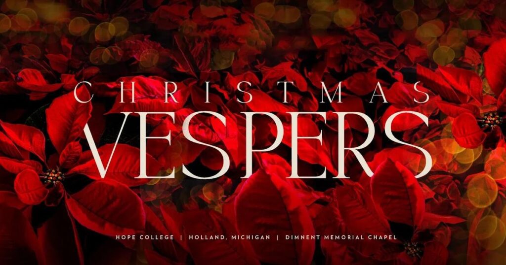 Background photo of red poinsettias with the words Christmas Vespers in a sophisticated font