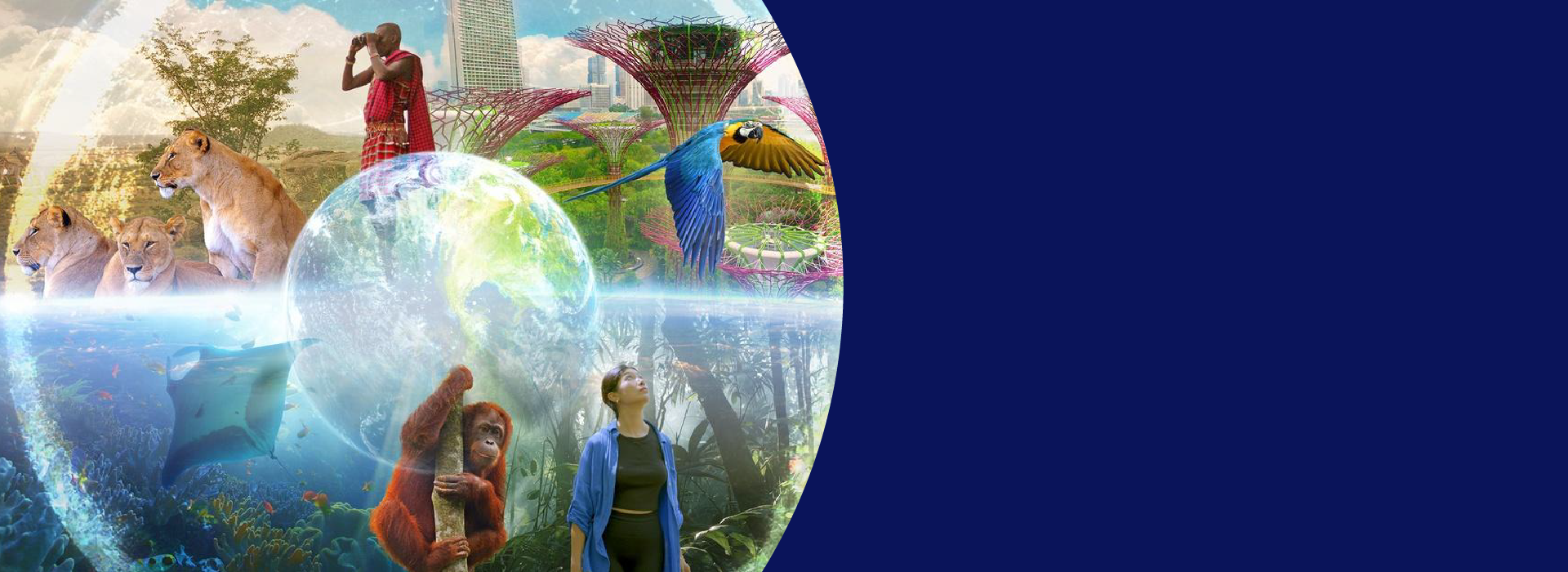 A vibrant collage shows Earth surrounded by wildlife, including lions, an orangutan, and a parrot, alongside ocean life, a rainforest, a modern cityscape, and people observing nature above and below the waterline.