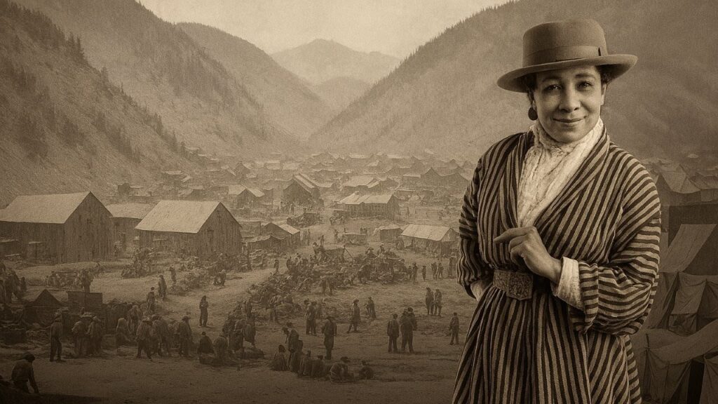 Susheel Bibbs poses as Mary Pleasant, famed civil rights activist. She is dressed in 18th century day-clothes and stands in front of a large valley.