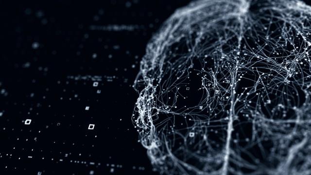 This is a 3d rendered image representing the neural pathways of a human brain. It is set on a stark black background, and appears almost celestial.
