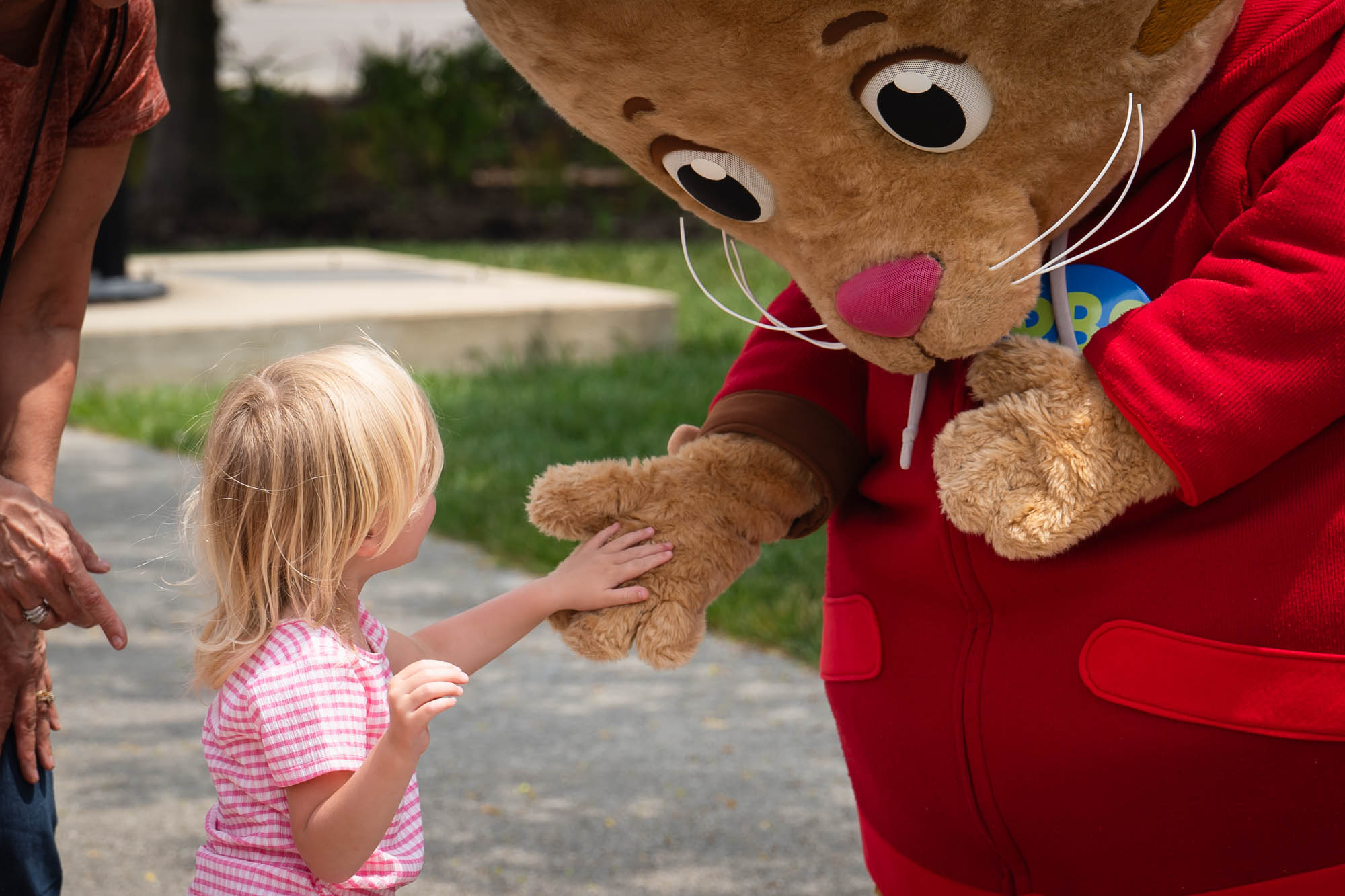 A young girl with blond hair and a pink striped shirt meets Daniel Tiger, a large tiger character wearing a red sweater, who holds her hand.