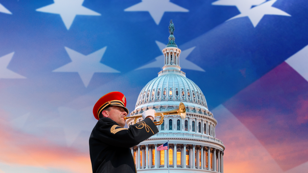 A United States soldier play the trumpet. In the background, the United States flag is overlayed against a purple and blue sunset. The dome of the Capital Hill building stands tall above the soldier.