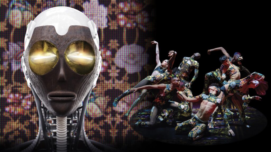 This layered photo collage shows a group of contemporary dancers huddled together on the right. They wear floral costumes, that match the floral background of the image. On the left a cutout image of a robot is layered on top of the floral background.