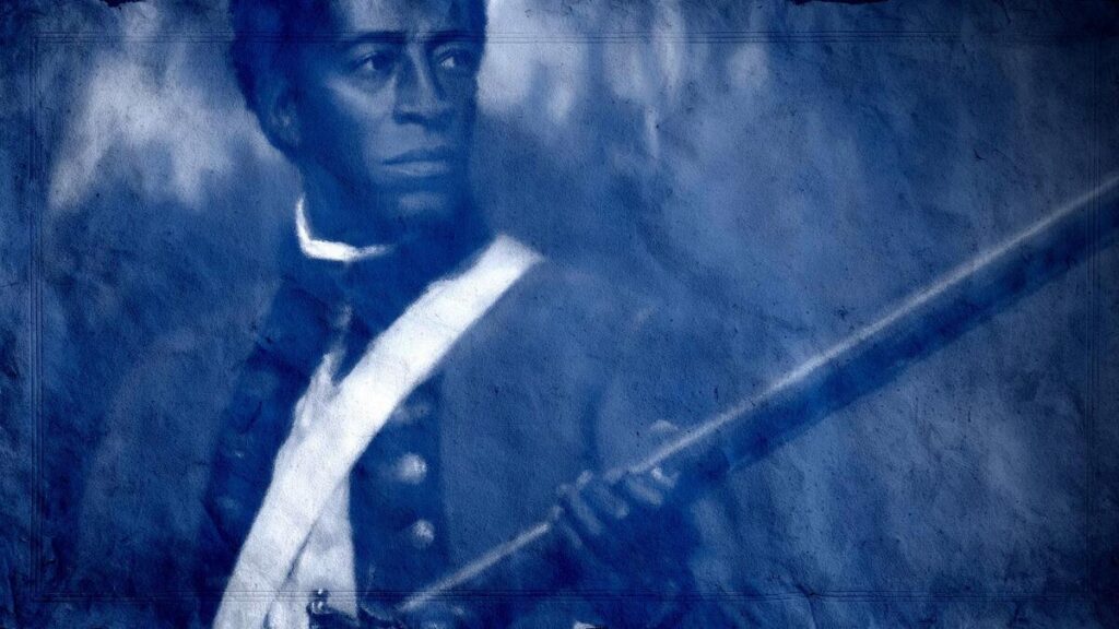 A textured, monochrome blue illustration of a Black soldier in a historic military uniform, looking over his shoulder while holding a musket across his chest.