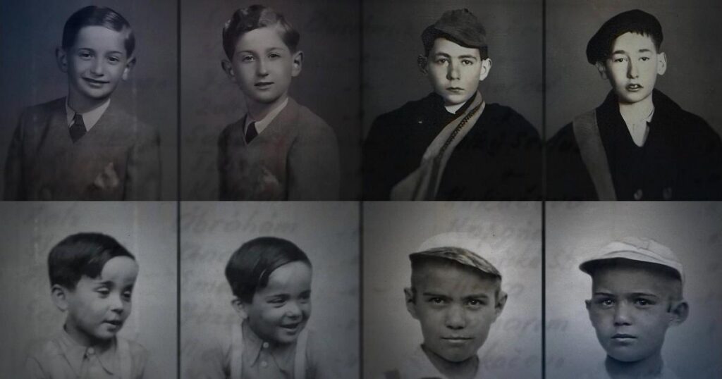 This image features a grid of eight vintage, black-and-white portrait photographs, arranged in two rows of four, showing pairs of young boys who appear to be twins.