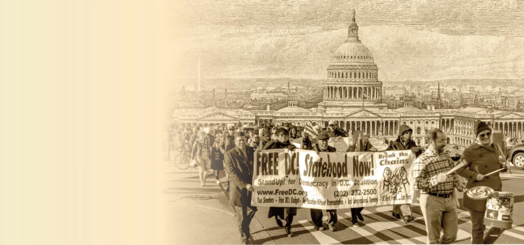 A black and white image of citizens peacefully protesting in front of the U.S. capital hill fades into a parchment-colored background.