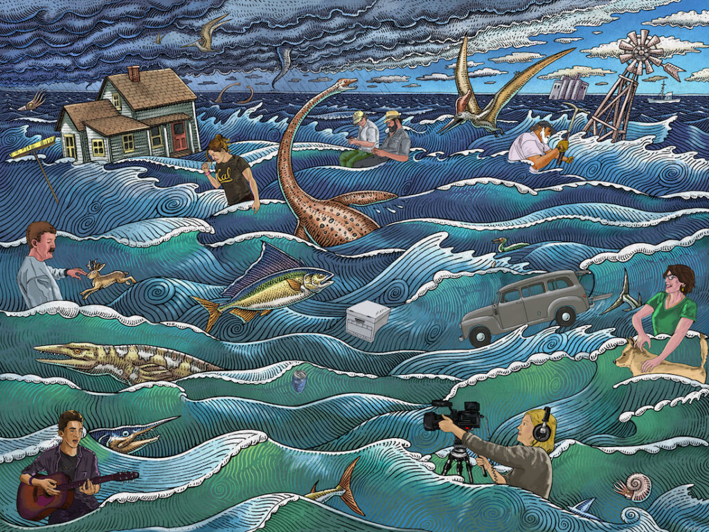 In this painting, an assortment of several people, items, and symbols are swept away by undulating waves. These images include a man playing the guitar, a woman with a video camera, a small farm house, a dinosaur, a windmill, and more.