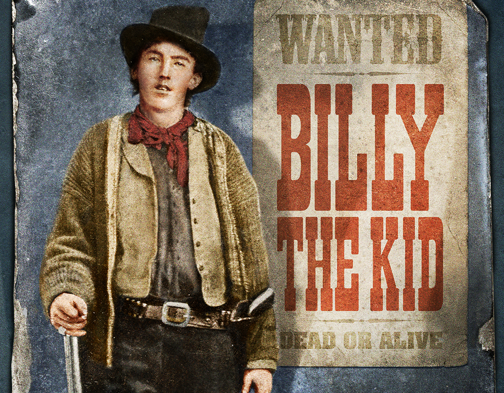 Vintage style wanted poster showing Billy the Kid wearing western wear with a black hat standing in front of a Wanted: Dead or Alive poster.