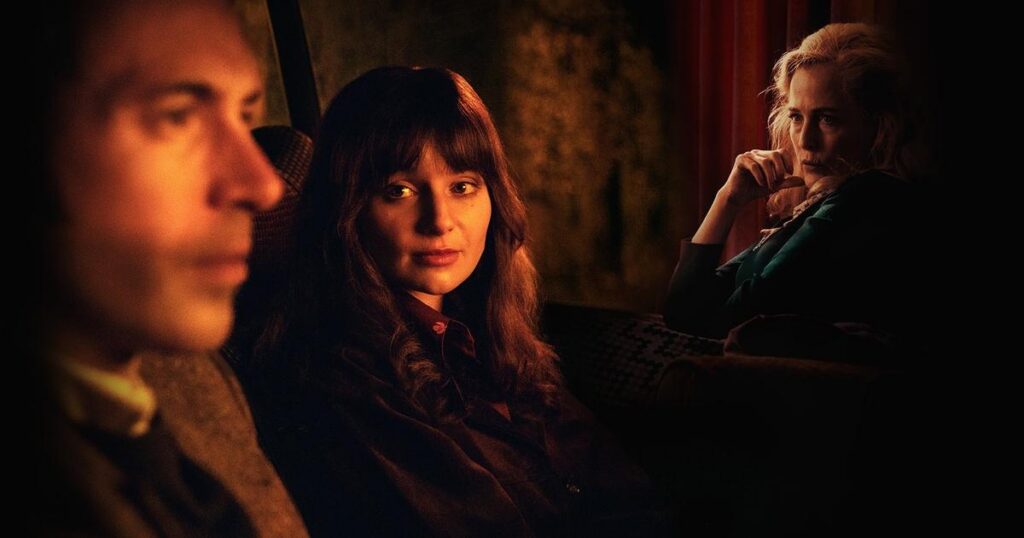 In this photo-bashed image, a young woman sits in dramatic warm lighting and looks towards a man, blurred in the foreground, that sits next to her. In the background, an older blond woman stares seriously into the distance, as if looking at the man and woman in the foreground.