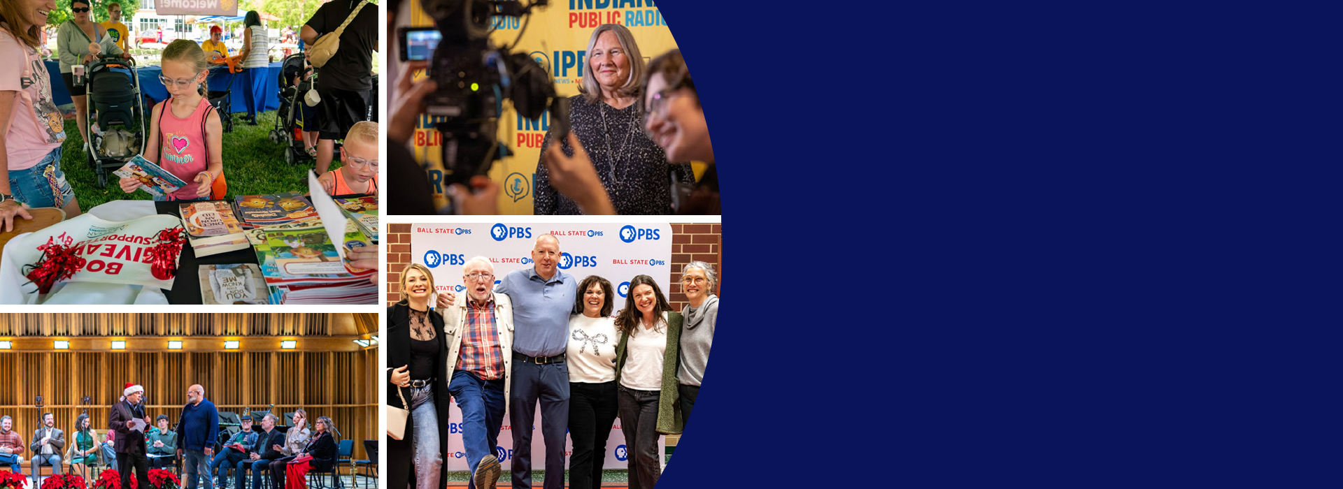 Photo collage of different types of events, both indoor and outdoor, including a Christmas event on a stage, a screening with a panel of people, a Bob Ross event, people posing in front of a Ball State PBS backdrop, and a children's event with a book giveaway.